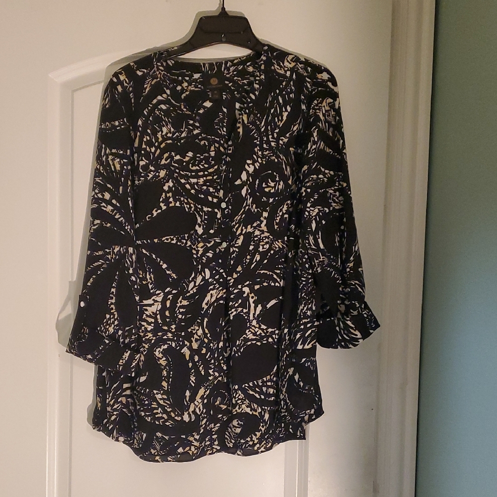 JM Collection Black and Cream Patterned Blouse - Picture 1 of 4